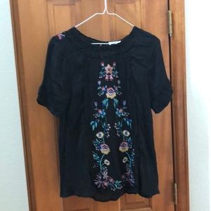 Embroidered Floral Black Tee